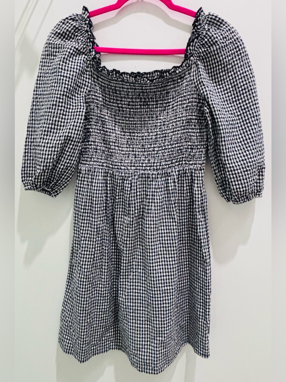 MNG Mango Smocked Gingham Mini Dress with Puff Sleeves - Black & White